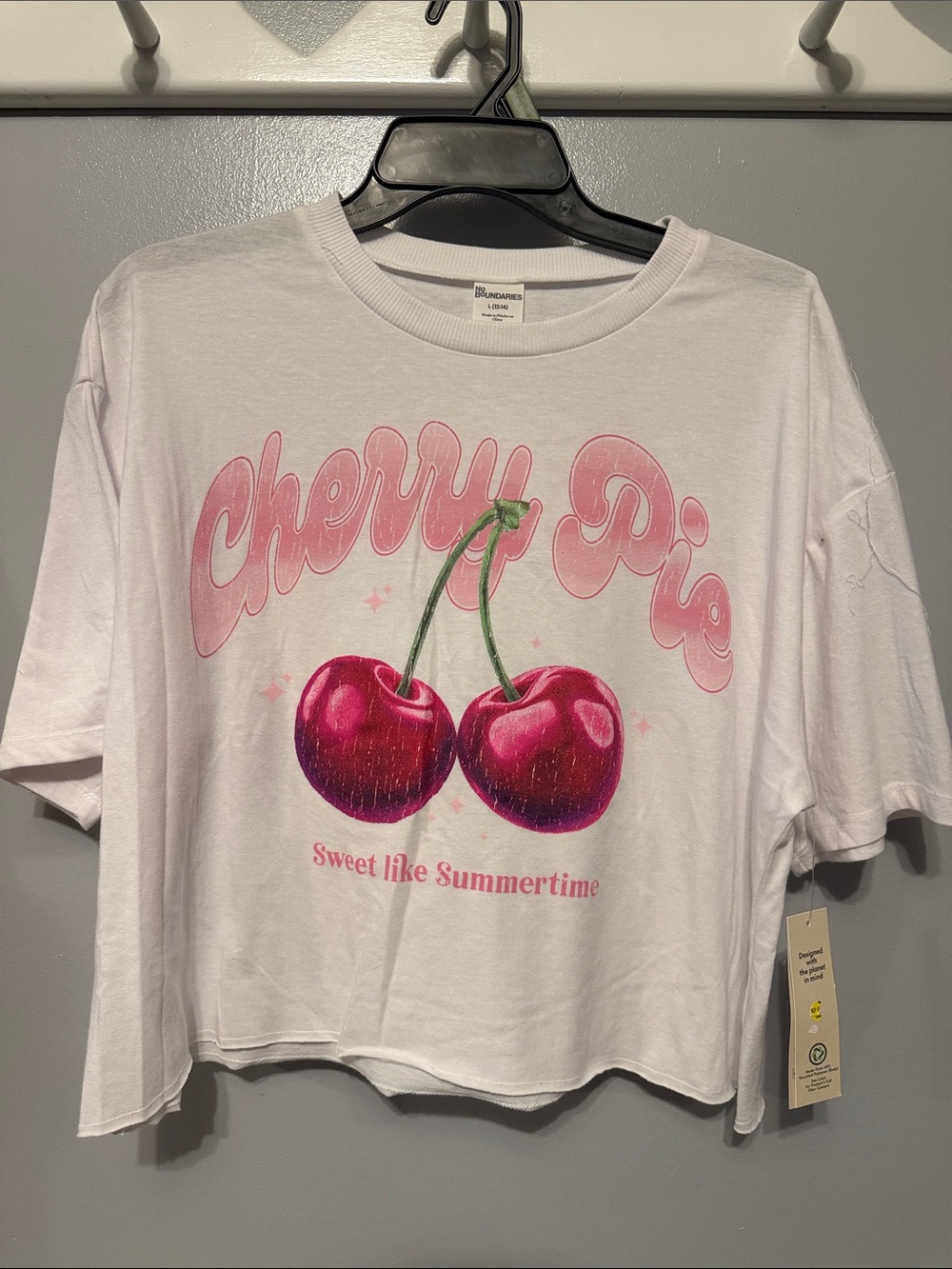 No Boundaries White Crop Tank with Pink Cherry Graphic